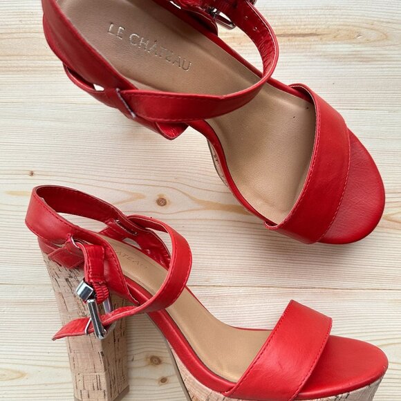 Le Chateu | Red Cork Platform Heels Sandals - Picture 1 of 5